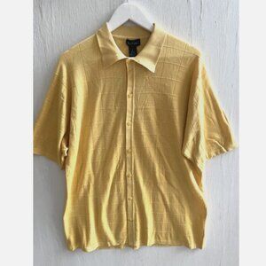 PAUL FREDRICK Vintage 100% Silk Yellow Knit Button Up Shirt Polo Preppy Size L